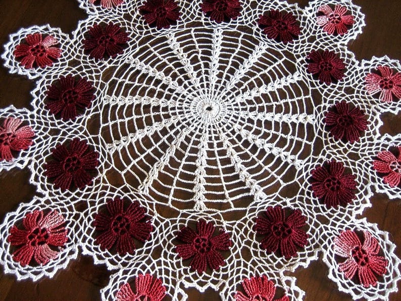 Vintage Runner Tablecloth Doily Hand Crocheted Lace Off White Pink Maroon Granny Discs