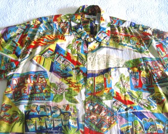 TOP Hawaiian Floral Flower Shirt Men or Women Vintage MOD Authentic SILK Florida Cities