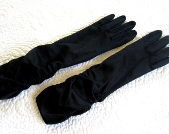 GLOVES Vintage Dress Up Costume Authentic Stretch Black Formal Long Gathered