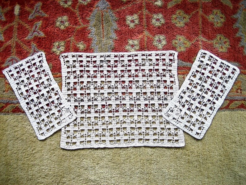 Doily Dresser Set 3 Runner LOT Crocheted Ecru Cotton Lace Etsy