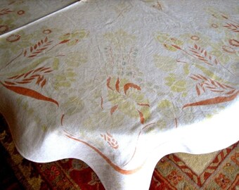 RETRO Vintage Print TABLECLOTH Sixties Kitchen Cloth Brown Flowers on LINEN