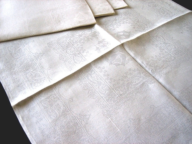 DAMASK Napkins for Tablecloth Replacement Set Vintage LARGE LINEN Crisp White Set 4