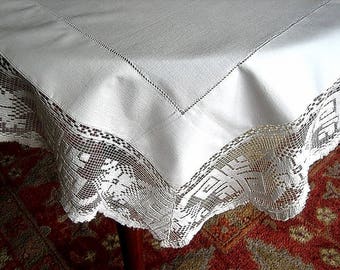 Vintage Antique Pillow Case BED RUNNER White Wide LACE Trim Hemstitched or Tablecloth