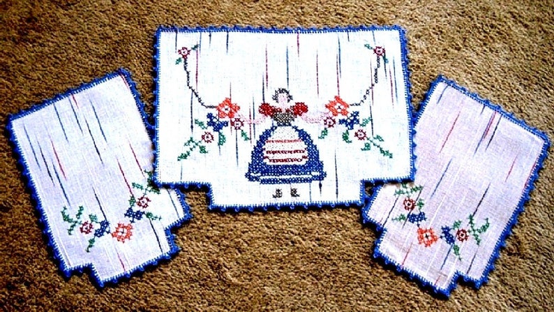 EMBROIDERED table runner Vintage but NEW linen DRESSER Set 3 Farm Lass Country Maiden