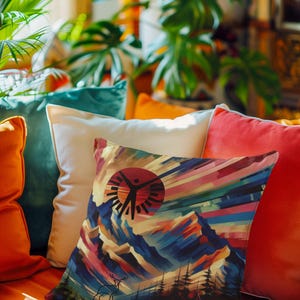 Mountain Vibes Pillow, Nature Lover Pillow, Colorful Landscape Cushion, Outdoor Enthusiast Decor, Scenic View Throw Pillow