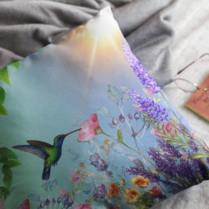 Hummingbird and Flowers in Sunshine Square 14x14 Pillow, Home Decor, Couch Accent, Spring Bird Floral Design, Garden Lover Gift, 14x14 Throw