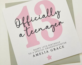 Personalised Girls 13th Birthday Card, Officially a Teenager Birthday Gift, 13 Today Card for Daughter, Granddaughter, Niece, Goddaughter
