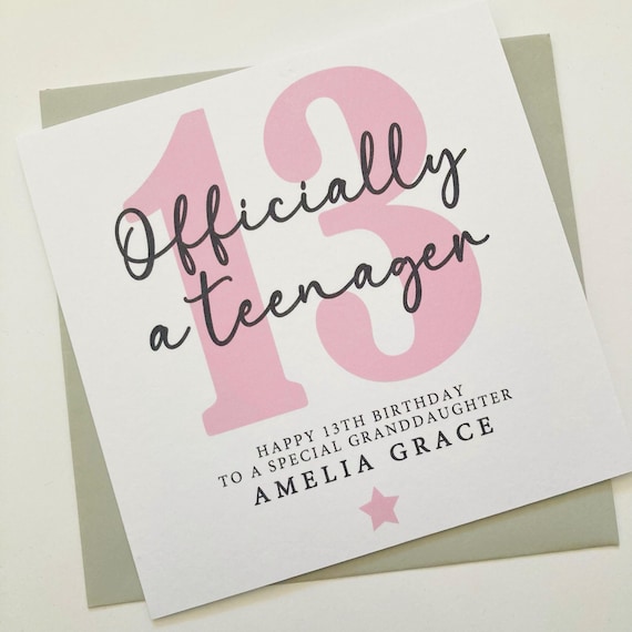 Personalised Girls 13th Birthday Card, Officially a Teenager Birthday Gift, 13 Today Card for Daughter, Granddaughter, Niece, Goddaughter