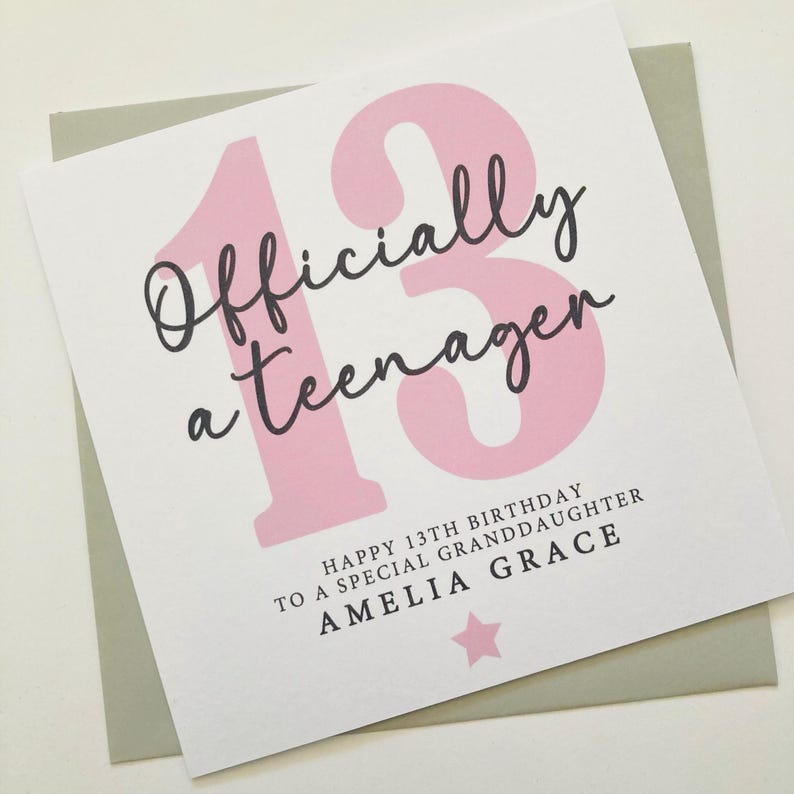Personalised Girls 13th Birthday Card, Officially a Teenager Birthday Gift, 13 Today Card for Daughter, Granddaughter, Niece, Goddaughter