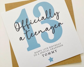 Personalised Boys 13th Birthday Card, Officially a Teenager Birthday Gift, 13 Today Card for Son, Grandson, Brother, Cousin, Nephew