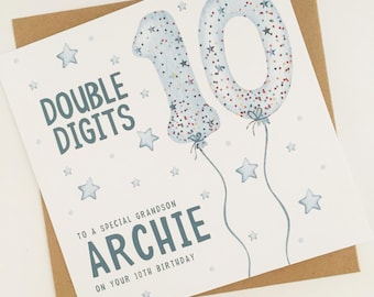 Personalised 10th Birthday Card for Boy, Double Digits Tenth Birthday Card for Grandson, Son, Cousin, Nephew, Brother, Blue Ten Today Card