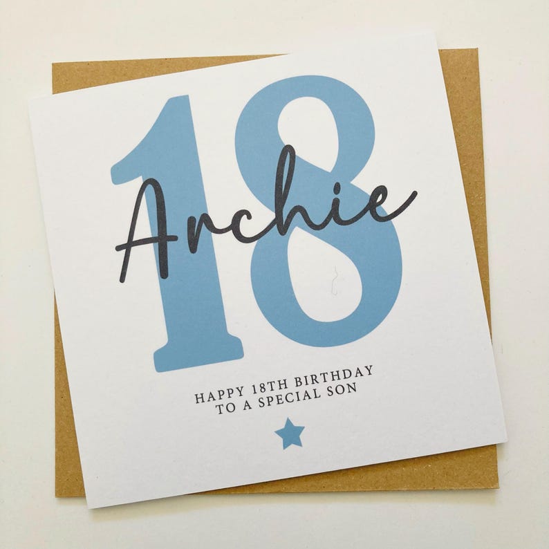 Personalised 18th Birthday Card, Blue Eighteenth Birthday Card for Son ...