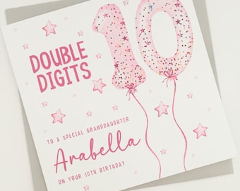 Personalised 10th Birthday Card for Girl, Double Digits Tenth Birthday Card for Granddaughter, Daughter, Niece, Sister, Pink Ten Today Card