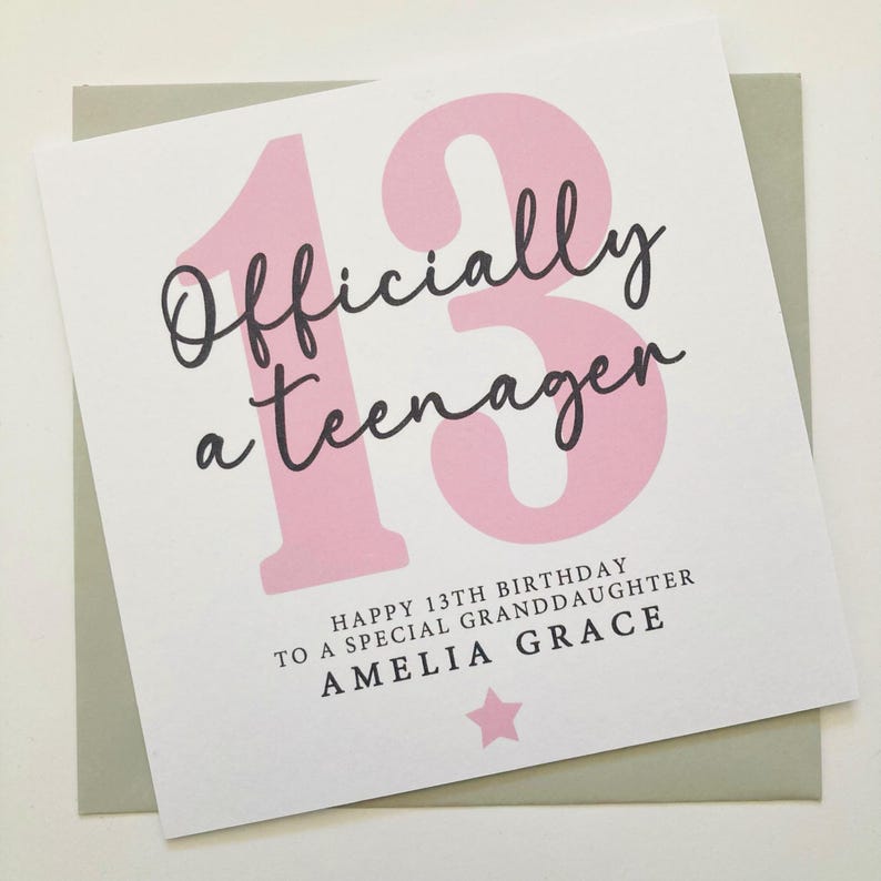 Personalised Girls 13th Birthday Card, Officially a Teenager Birthday Gift, 13 Today Card for Daughter, Granddaughter, Niece, Goddaughter
