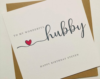 Happy Birthday Hubby Card, Personalised Husband Birthday Card, Wonderful Hubby Card for 30th, 40th, 50th Birthday, Red Heart Card
