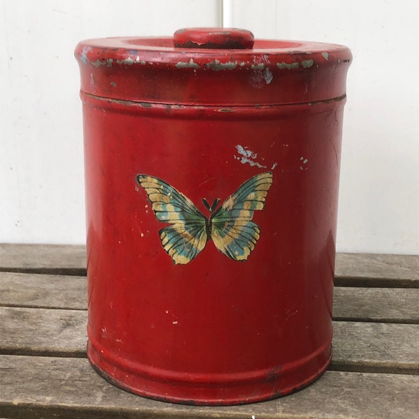 Vintage Red Tin Canister Can with Butterfly - D5