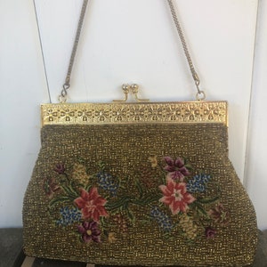 Vintage Gold Beaded Floral Tapestry Wristlet Clutch Purse - D15