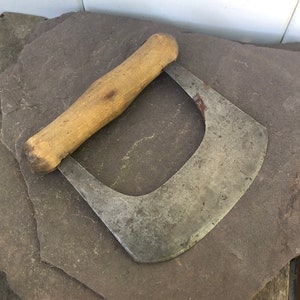 Antique Primitive Steel Blade Herb Chopper Mincer Knife With Wood Handle - C -D18