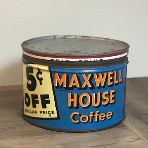 Vintage 1940’s 50’s 60’s Maxwell House Coffee Tin Can with Lid -