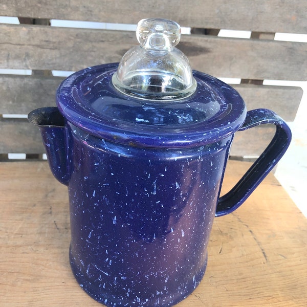 Vintage Blue Speckled Enamel Enamelware Teapot Coffee Pot Kettle (B) - D1