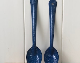 Vintage Blue Speckled Enamelware Serving Spoons Pair - D2