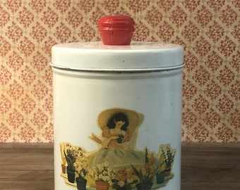 Vintage White Tin Canister with Girl and Red Knob - D7