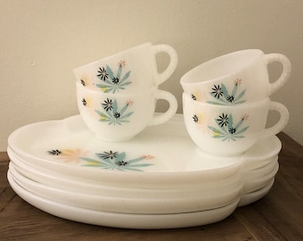 Vintage 1950’s Federal Milk Glass Atomic Flower Patio Snack Plates and Cup Set