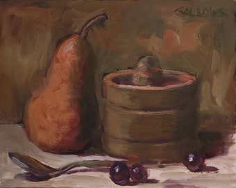 Original Art Red Pear Grapes Oil Painting Still Life Realism 8x10 Sallows