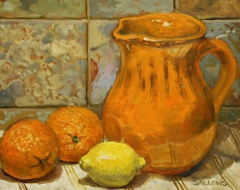 Original Art Still Life Painting Orange Pitcher Alla Prima Realism Impressionism 9x12 Framed Art