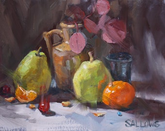 Pears Orange Still Life Art Painting DFAT 9x12 Oil Painting Framed Alla Prima Sallows