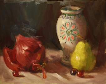 Pear Red Onion Oil Painting Kitchen Art Realism Painterly Still Life Sallows