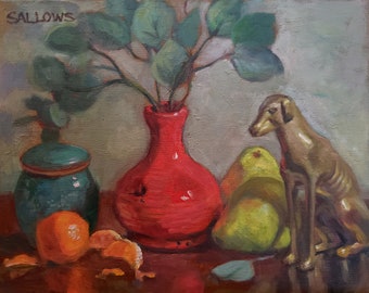 Original Art Tangerines Pears Brass Dog Still Life Painting Red Vase Alla Prima Realism Impressionism 11x14
