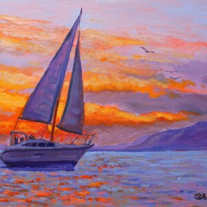 Sail Boat Sunset Landscape Lake Oil Painting Original Art Plein Air Sallows