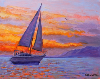 Sail Boat Sunset Landscape Lake Oil Painting Original Art Plein Air Sallows