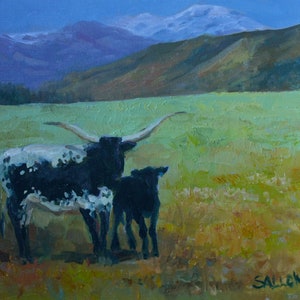 Longhorn Cattle Cow 11x14 Oil Painting Texas Original Art Sallows
