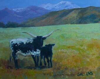 Longhorn Cattle Cow 11x14 Oil Painting Texas Original Art Sallows