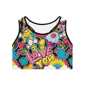 Colorful Love Sports Bra, Motivational Activewear, Fitness Gear, Cute Workout Top, Gift for Her, Cute Gym Wear, Positive Vibes