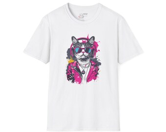 Trendig streetwear för kattälskare och musikfans | Cool hipster-katt-t-shirt | Retro neonhörlurar och solglasögon | Present till kattälskare