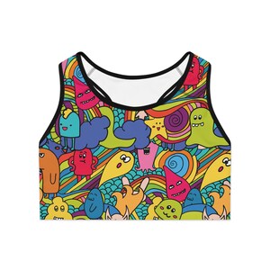 Fun Workout Yoga Top - Colorful Cartoon Sports Bra - Fitness Activewear and Sport Underwear for Women - Racerback Gym Bra, Running Support