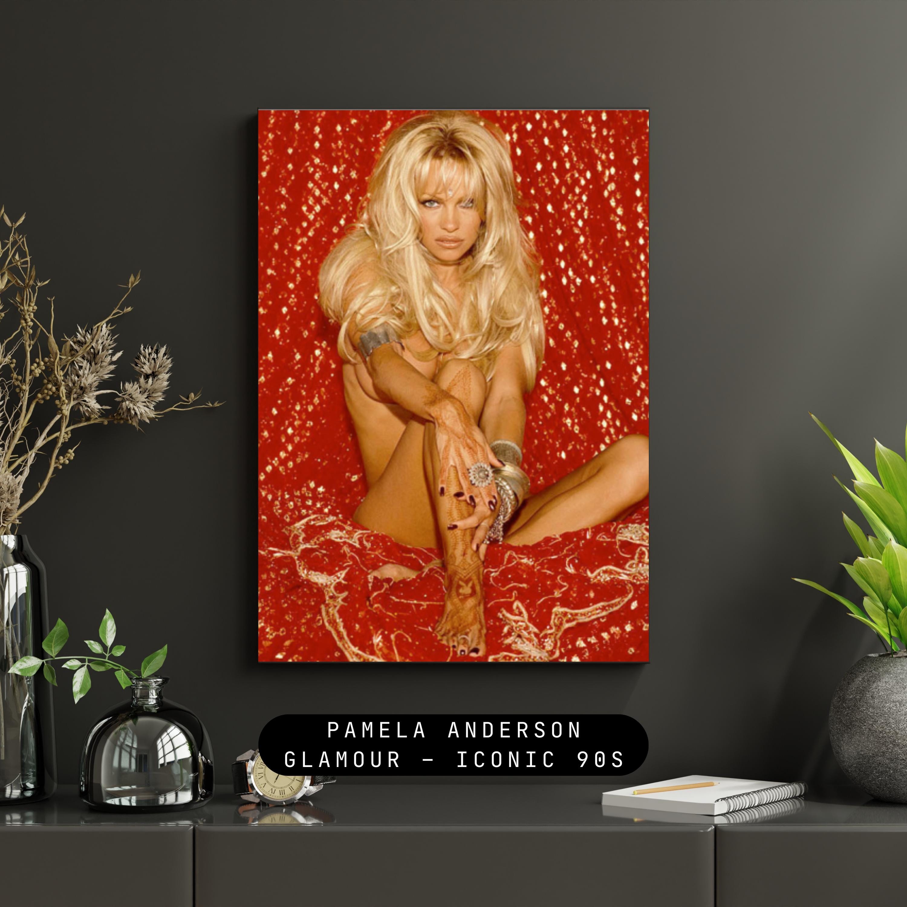 Pamela Anderson Glamour Poster: 90s Gold & Red Art Print
