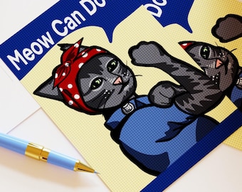 Feminist Postcard / Rosie the Riveter Cat Card for Postcrossing / Funny Activist Animal Empowerment Postcard for Friends or Postcrossing