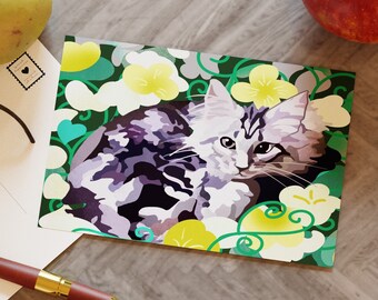 Kitten in the Flowers Postcards / Norwegian Forest Cat Maine Coon Postcards / Art Postcards / Cat Cards for Postcrossing