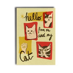 Carte postale de chat / Bonjour de moi et mon chat / cartes postales Kitchy modernes de style vintage des années 50 / Cartes pour Postcrossing