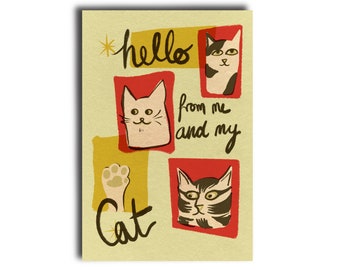 Cat Postcard / Hello from Me and My Cat / Vintage 50s Style Modern Kitchy Postcards / Cards for Postcrossing