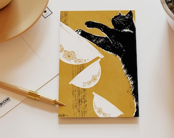 Cat Postcard / The Pyrex Catastrophe / Funny Cat Card with Vintage Butterfly Gold Pyrex