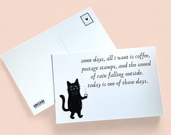 Rainy Day Black Cat Postcard – Coffee Stamp Lover Gift – Cozy Minimalist Stationery – Pen Pal Snail Mail – Sad Girl Aesthetic