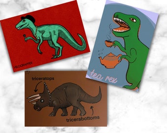 Set of 9 Funny Dinosaur Postcards (3 of each kind) / Pun Postcard Variety Pack / Postcard Set of 9 Cards for Postcrossing or Snail Mail
