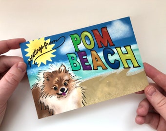 Greetings from Pom Beach / Dog Postcards / Pomeranian Funny Dog Cards for Postcrossing