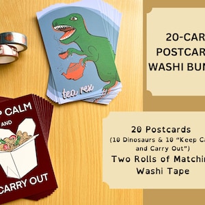 Pacchetto cartolina e Washi / Tea Rex e Mantieni la calma e porta a termine