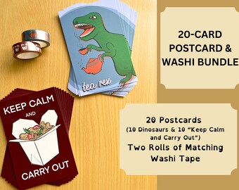 Postcard and Washi Bundle / Tea Rex and Keep Calm and Carry Out